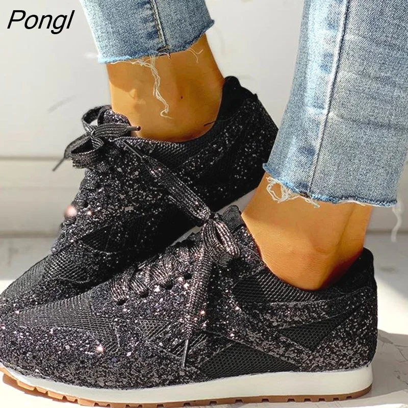 Pongl Flat Glitter Sneakers Casual Female Mesh Lace Up Bling Platform Comfortable Plus Size Vulcanized Shoes 2023 Soft Knitting 305-1