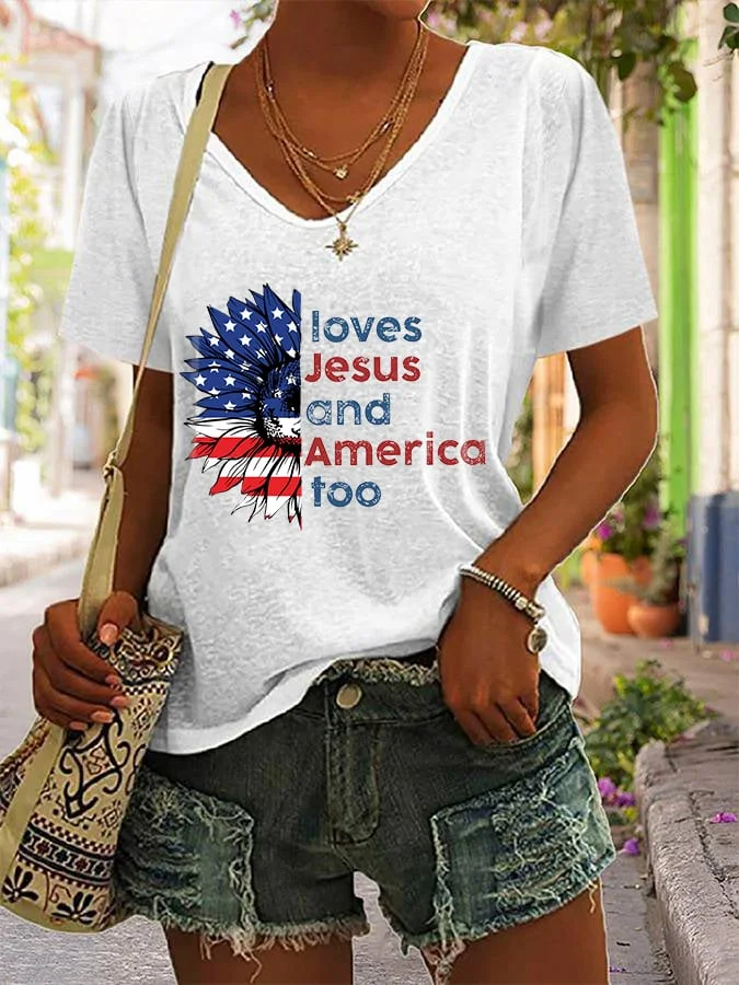 Loves Jesus America Too Flag Print Women's T-shirt