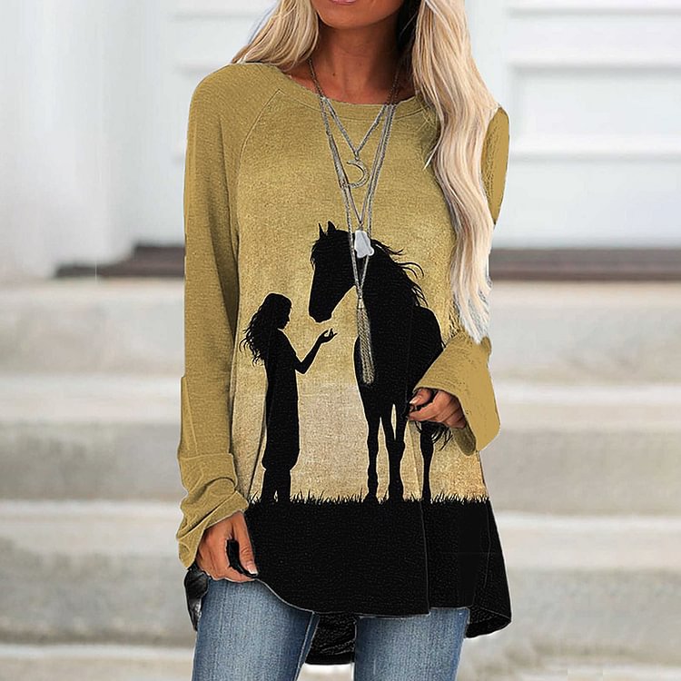 Comstylish Western Print Crew Neck Long Sleeve Tunic