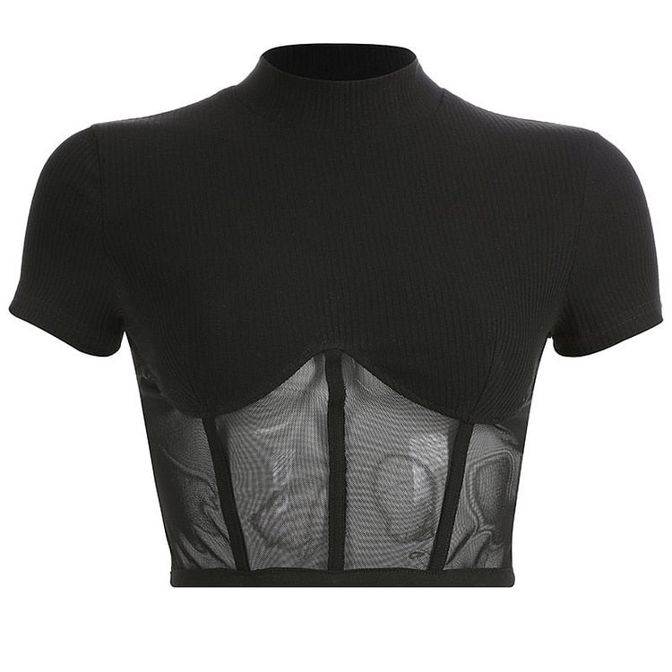 See-Through Mesh Patchwork Camis Sexy Short Sleeve Crop Tops For Women Underwear Summer Black Lace Slim Tank Top Club - BlackFridayBuys
