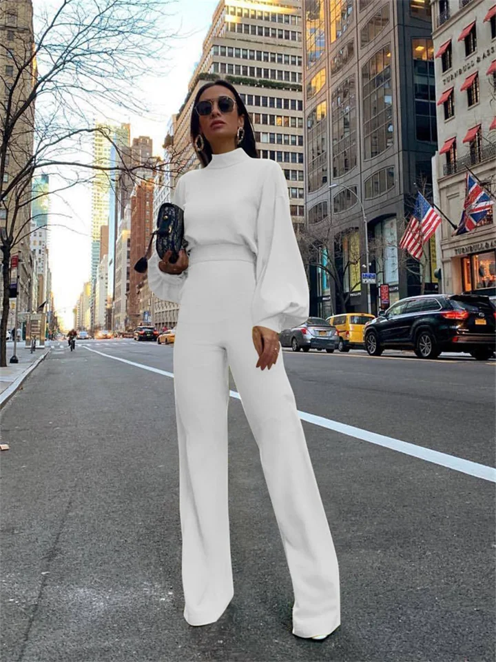 Women's Basic Fashion Streetwear Party Daily Crew Neck Green White Black Jumpsuit Solid Color Zipper Lantern Sleeve-Cosfine