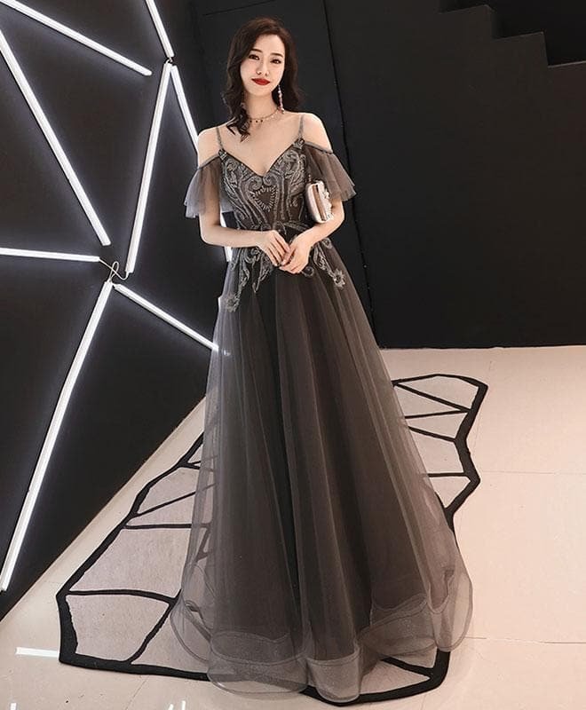 Gray V Neck Tulle Lace Long Prom Dress, Gray Tulle Evening Dress