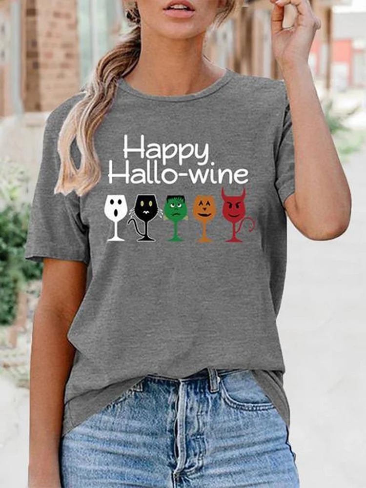 Bestdealfriday Short Sleeve Hallo Wine Printed T-Shirt 9862013
