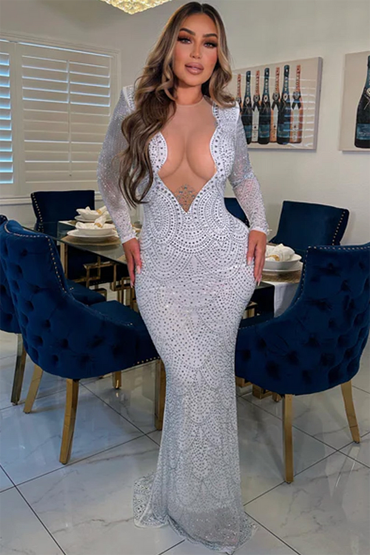 See-Through Mesh Rhinestone Long Sleeve Fishtail Hem Birthday Party Maxi Dresses-White