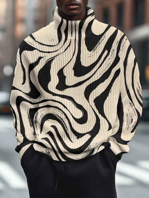 Men's Lines Abstract Art Print High Neck Knit Sweatshirt