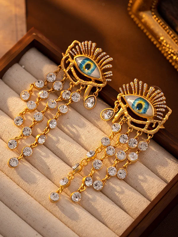 Eye Shape Geometric Rhine Stones Tasseled Drop Earrings