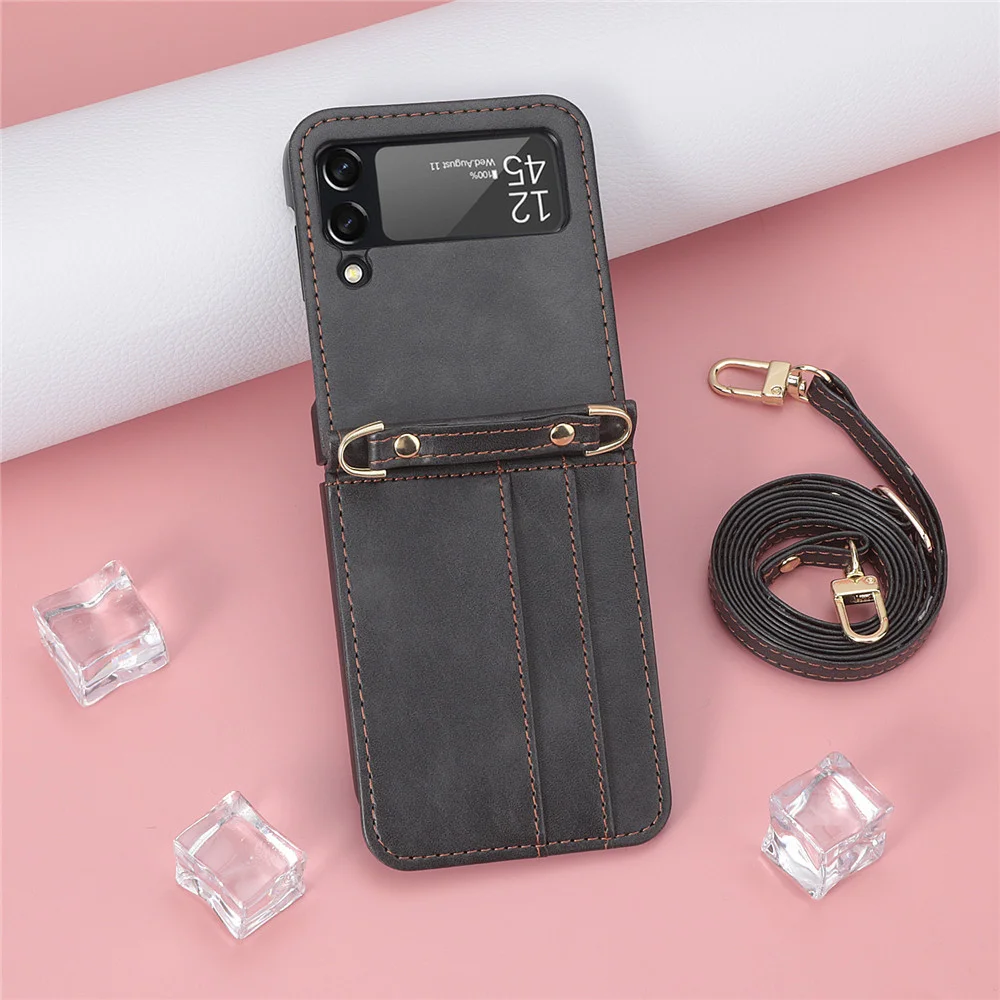 Retro Leather Phone Case With Shoulder Strap Card Holder For Galaxy Z Flip3