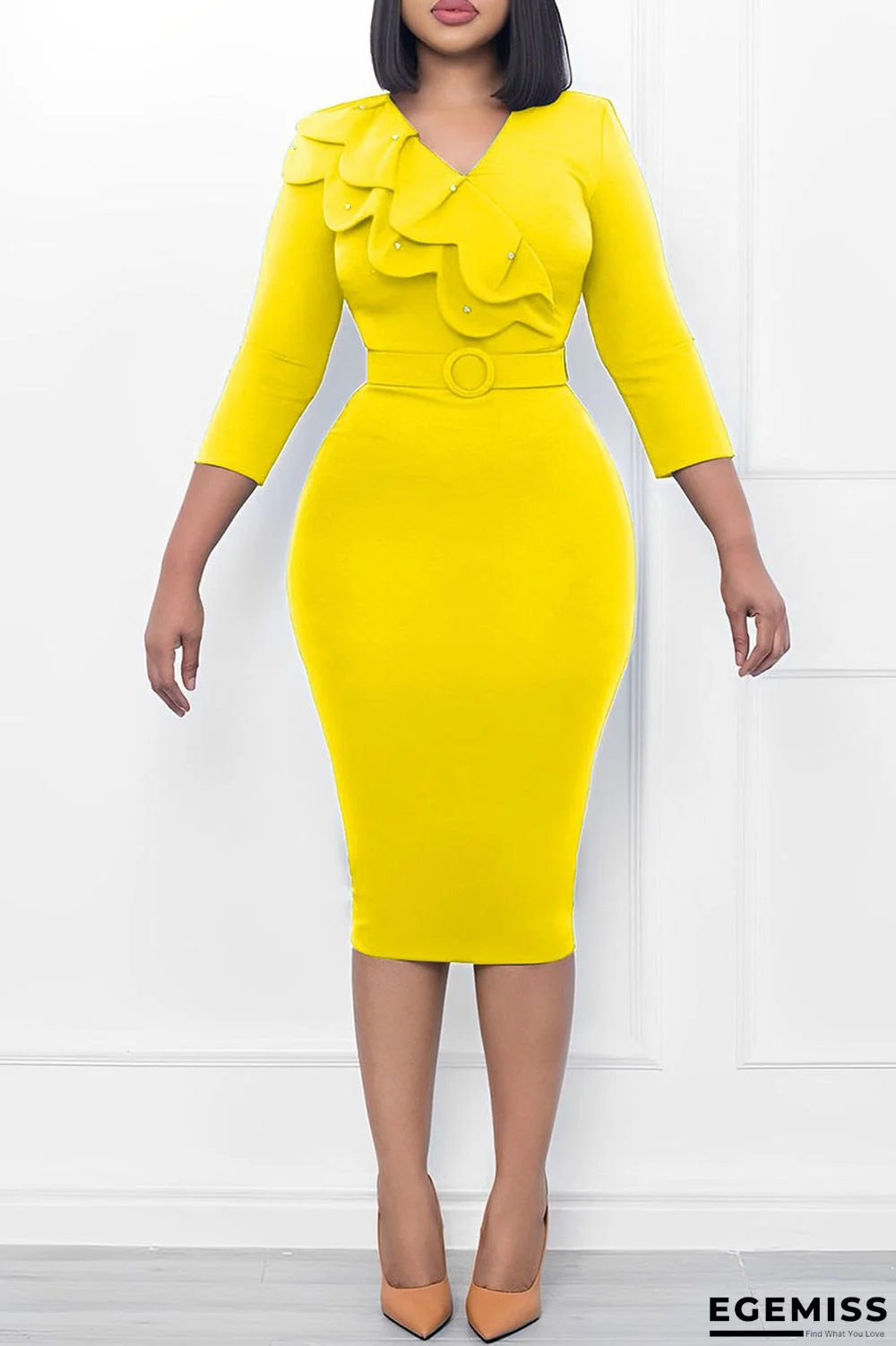 Yellow Casual Solid Patchwork Flounce O Neck One Step Skirt Dresses | EGEMISS
