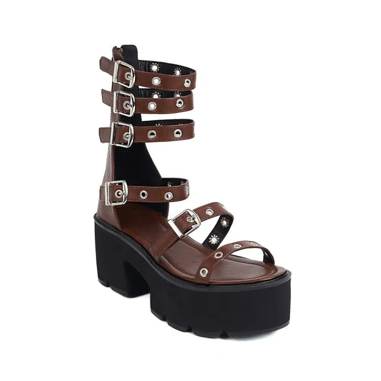 VCSHOES Rivets Buckle High Heel Platform Gladiator Sandals