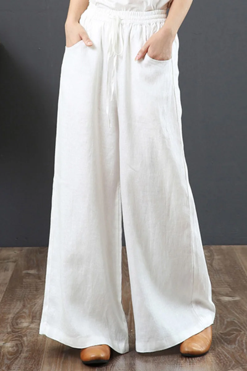 Casual Daily Solid Pocket Loose High Waist Wide Leg Solid Color Linen Pant Bottoms