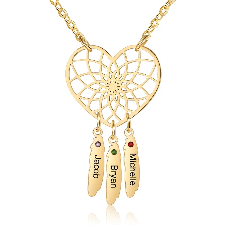 Heart Dream Catcher Necklace Custom 3 Names Birthstones Necklace for Her