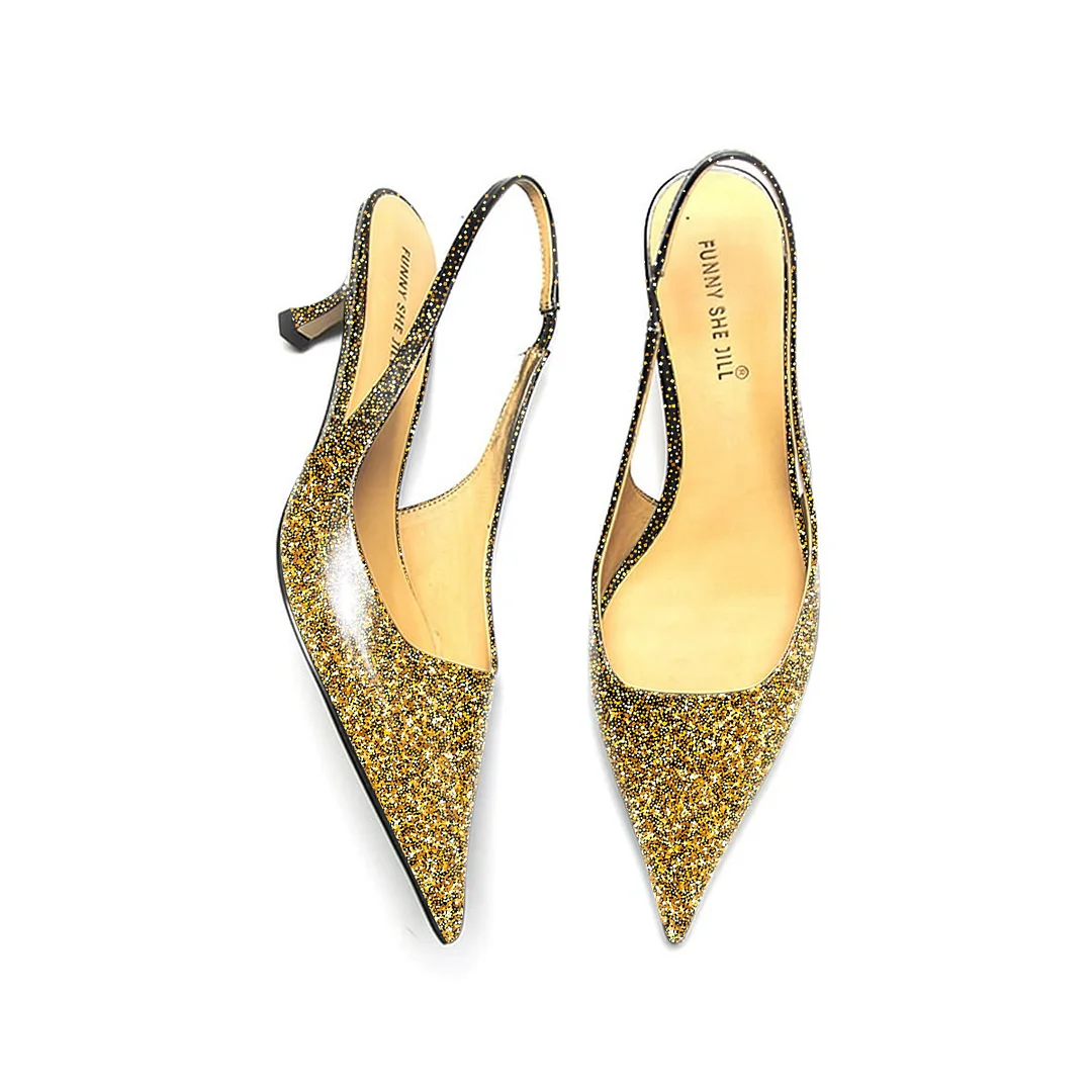 Glitter Pointed Toe Sparkling Gold Slingback Kitten Heel Pump For Women Nicepairs