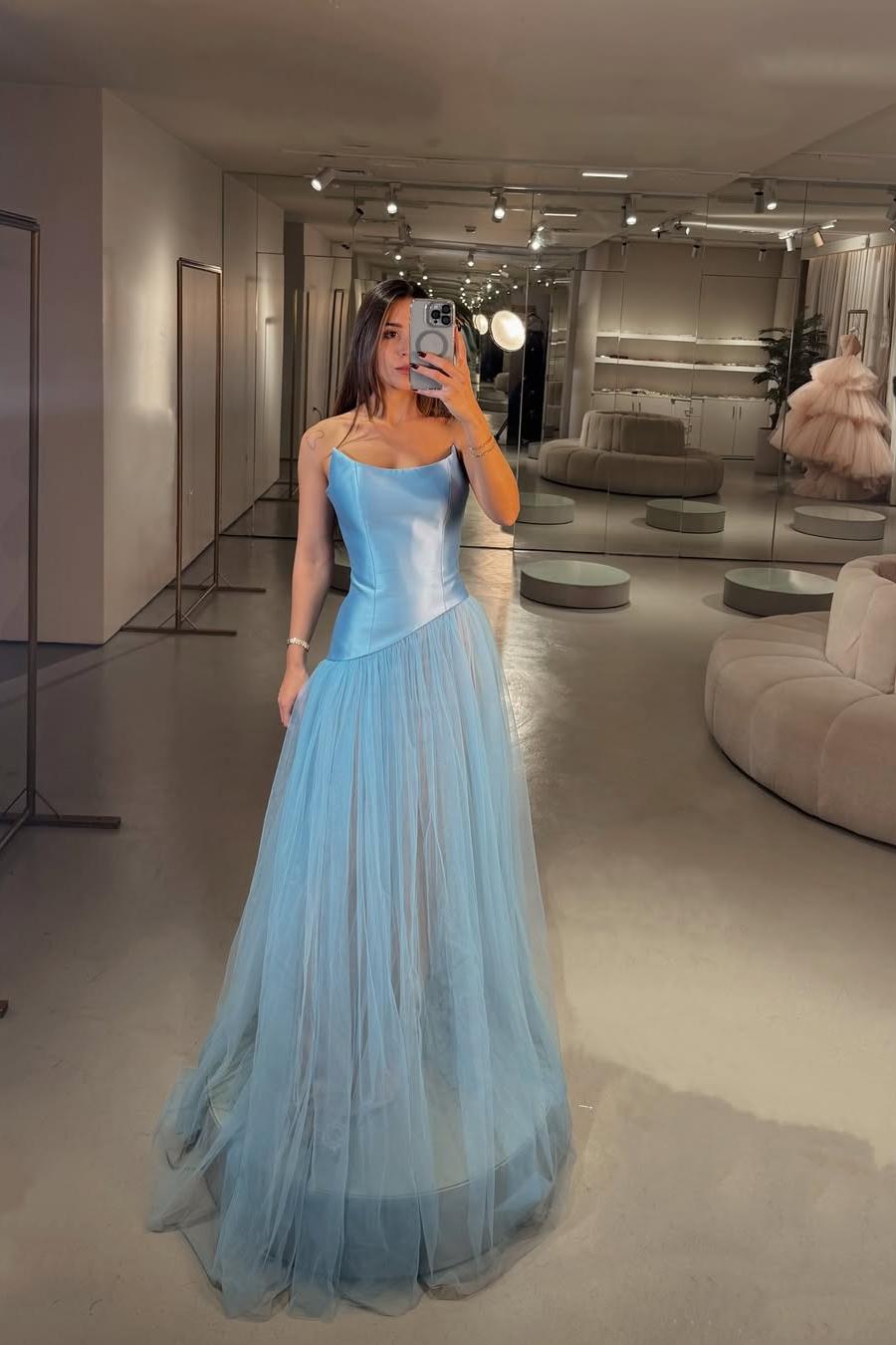 Lussooy Sky Blue Stunning Satin Sleeveless Strapless Two Piece Tulle Prom Dress with Pleated