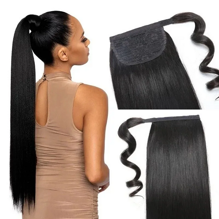 Straight Wrap-around Magic Velcro With Clip In Human Hair Ponytail Extension