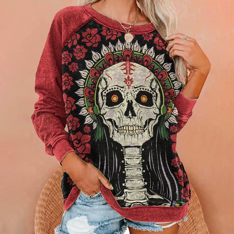 Vefave Casual Rose Skull Print Sweatshirt