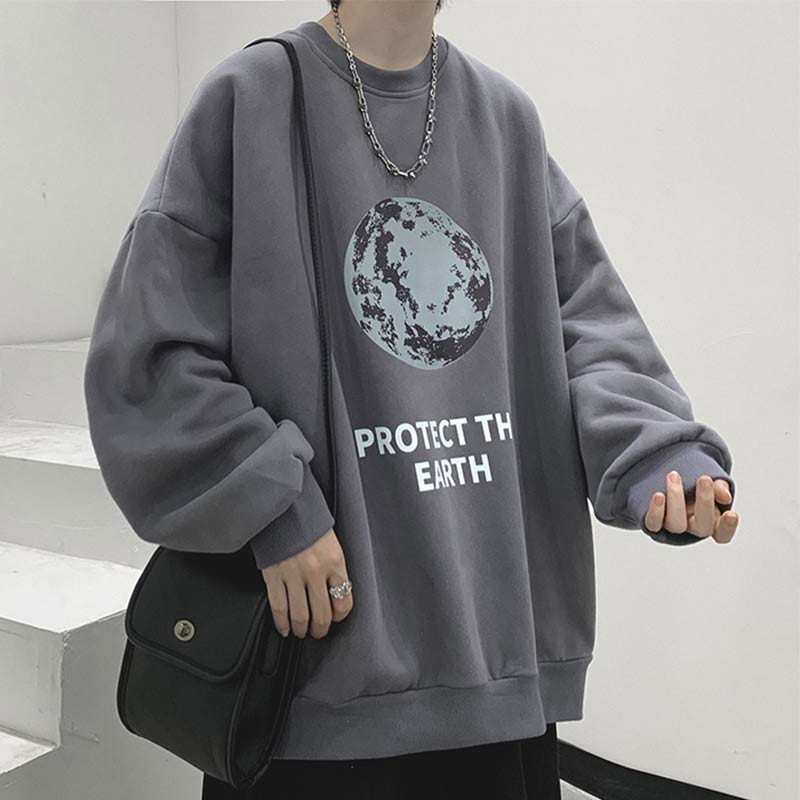 Moon Letter Print Round Collar Oversized Sweatshirt