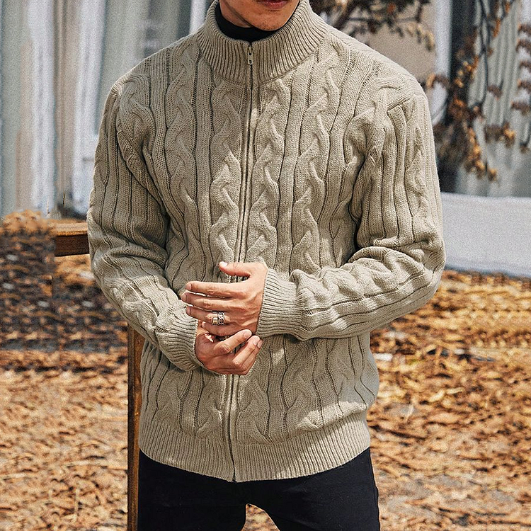 Men'S Retro Jacquard Knitted Art Zipper Cozy Knit Sweater