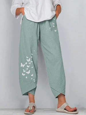 Women's Floral Printed Elastic Waist Cotton Linen Loose Casual Pants