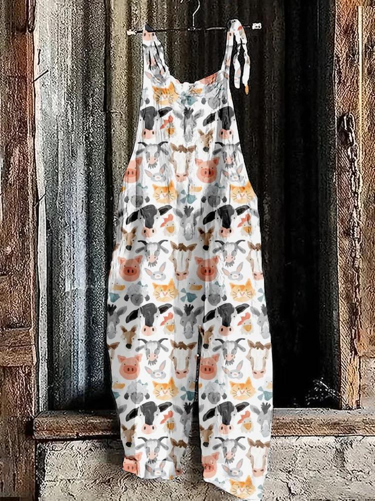 Comstylish Cute Farm Animals Pattern Linen Blend Comfy Jumpsuit