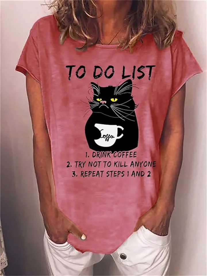 Women's Short-sleeved T-shirt Cats Drinking Coffee Letter Print Women's Tops Round Neck Loose Summer-JRSEE