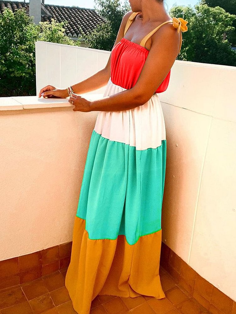 Casual Color Matching Loose Strap Maxi Dress P10484