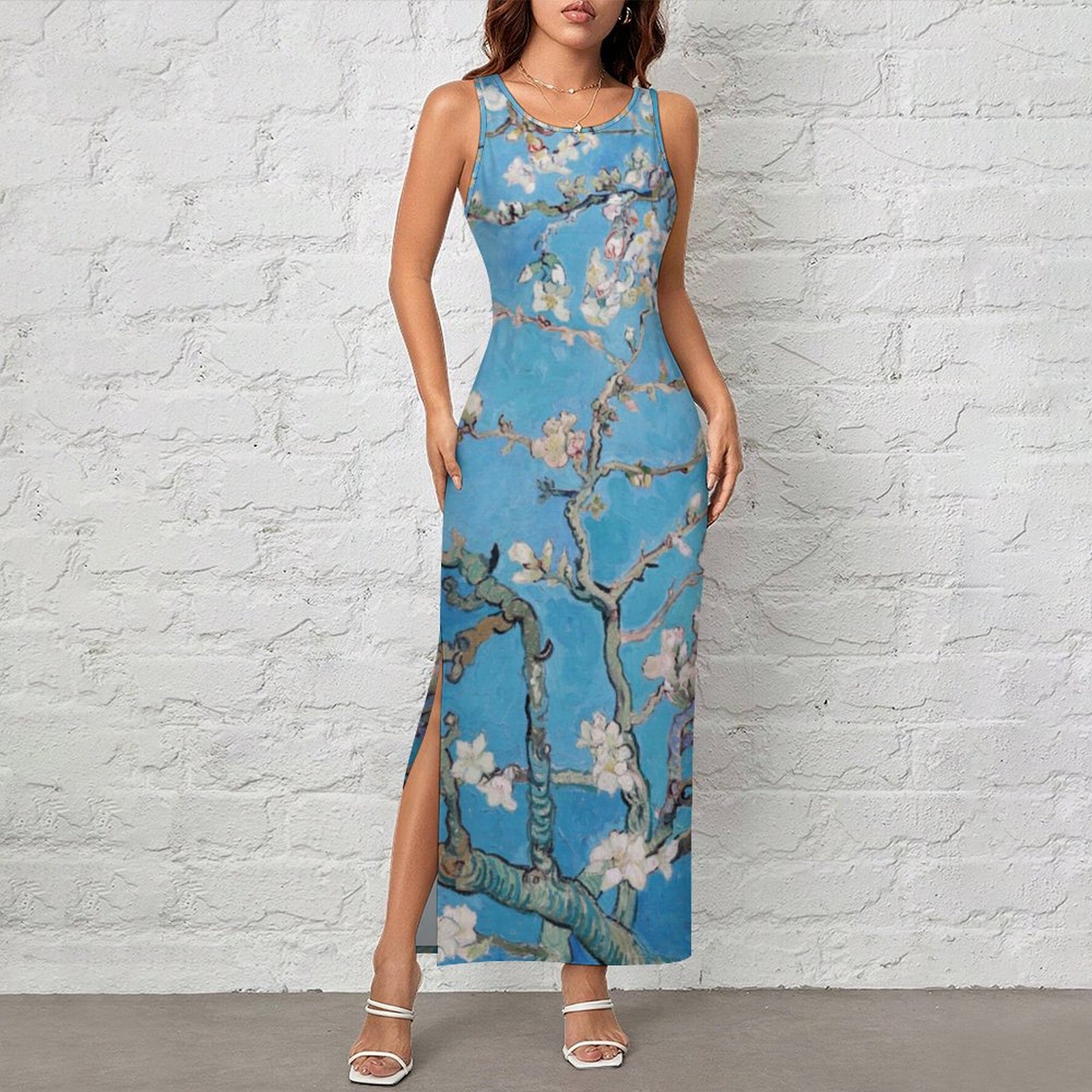 Women Almond Blossoms Blue Vincent Van Gogh Art Painting Summer Sleeveless Dress Party A Line T-shirt Dresses Almond-XL