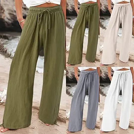 Summer Casual Loose Beach Pants Women's Wide Leg Pure Color Rope Detailing Long Trousers Comfortable Loose Fit Beachwear