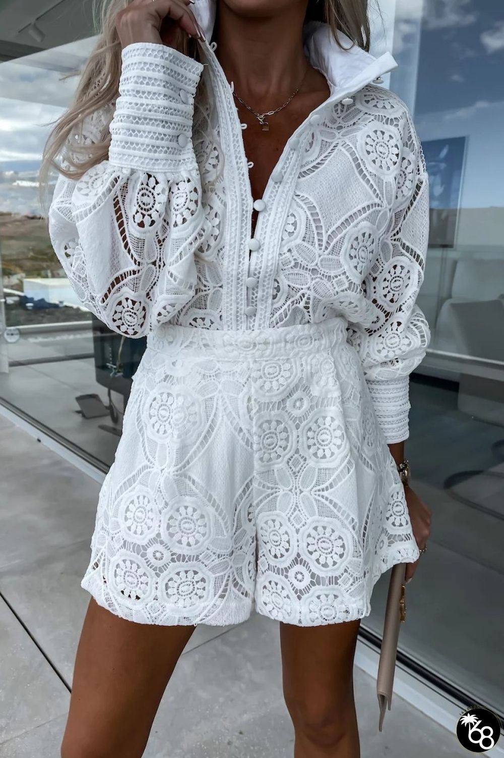 White Casual Solid Buckle Mandarin Collar Long Sleeve Two Pieces | 168DEAL