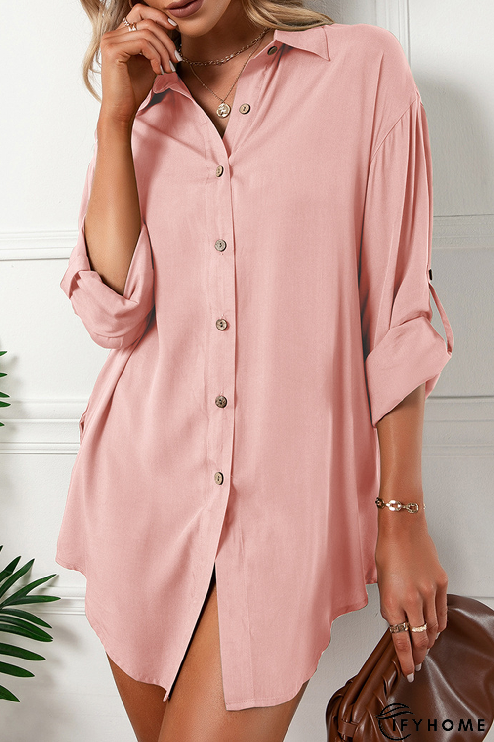Casual Solid Buckle Turndown Collar Shirt Dress Dresses(6 Colors) | IFYHOME