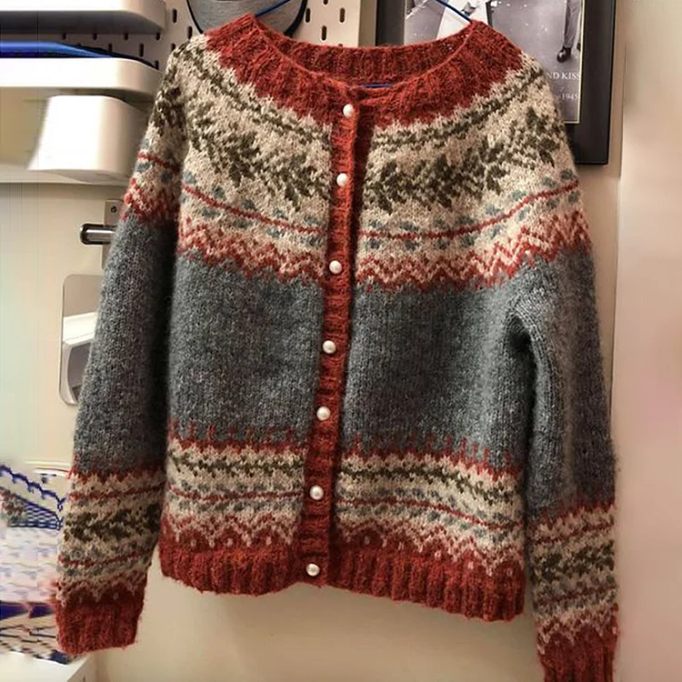 VChics Vintage Fel Island Jacquard Button Comfy Sweater