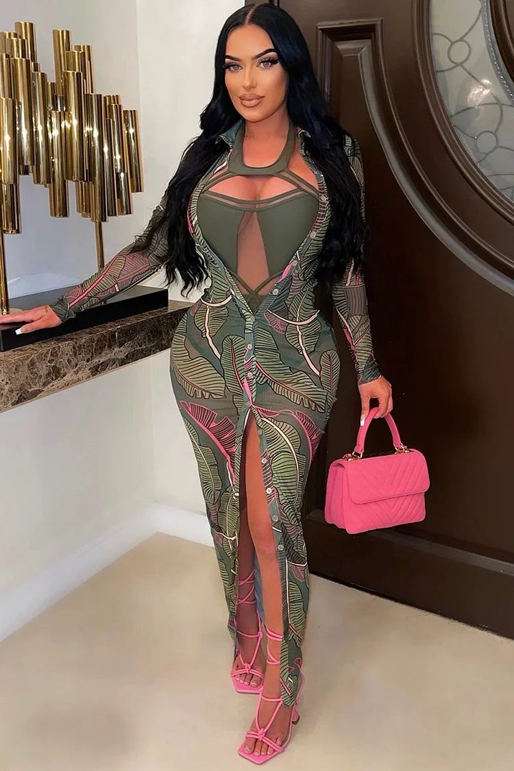 See Through Leaf Print Long Sleeve Button Down Maxi Dress