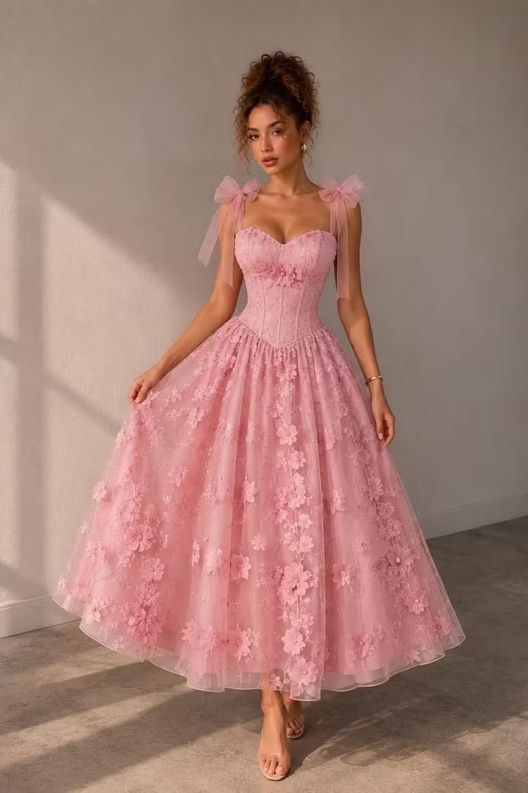 Lussooy Stunning Pink Spaghetti Strap Applique Embroidery Sleeveless Prom Dress with Bow