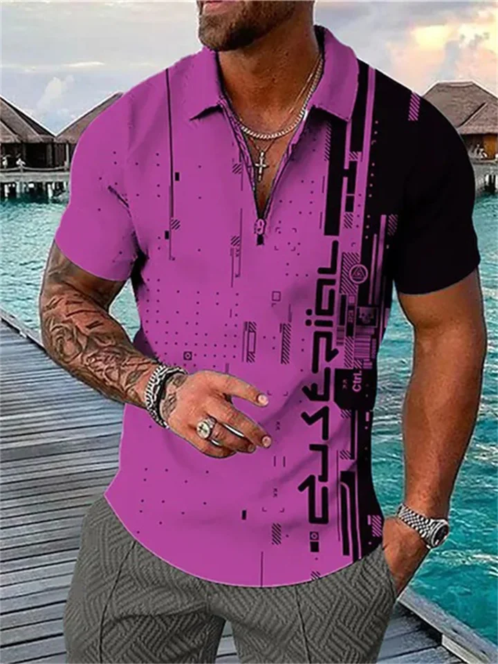 Men's Collar Polo Shirt Golf Shirt Geometry Turndown Blue Pink Yellow Light Green Light Brown 3D Print Outdoor Street Short Sleeves Zipper Print Clothing Apparel Fashion Designer Casual Breathable