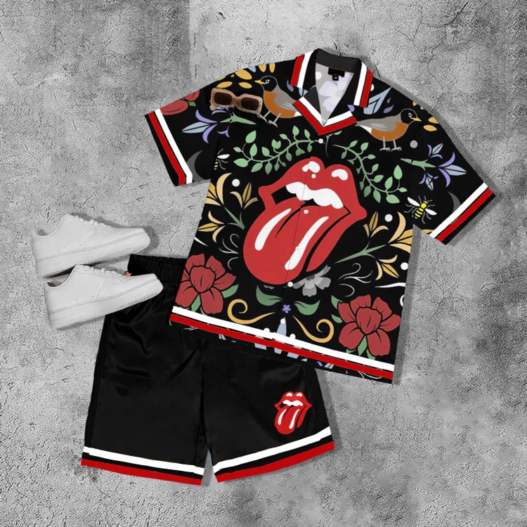 Comstylish Stones Hackney Diamond Tour Fun Lip  Floral Contrast Casual Shirt And Shorts Co-Ord