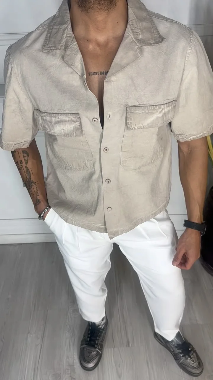 Large Pocket Lapel Short Sleeve Top
