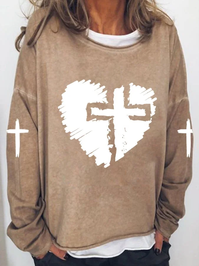 Women's Faith Heart Cross Print Long Sleeve T-Shirt