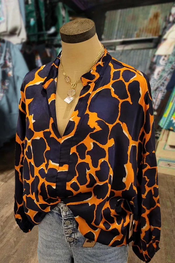 Colorful Abstract Print V-Neck Long Sleeve Blouse