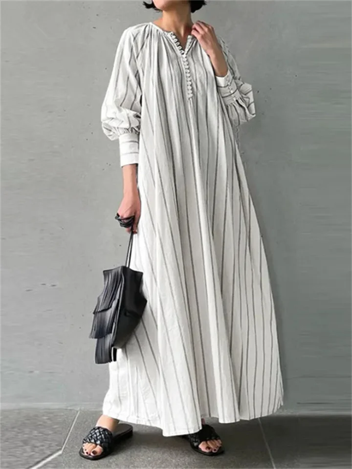 Women's Dress Literary Style Cotton and Linen Striped Round Neck Long Sleeve Insert Pockets Simple Loose Long Section Pullover Dress-Cosfine