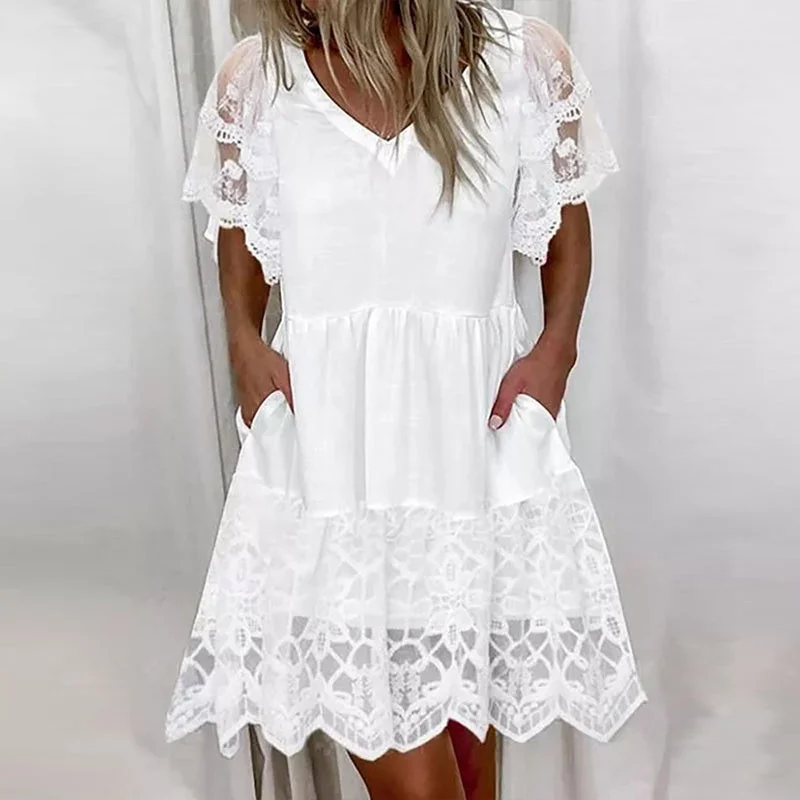 Cotton V-neck Lace Short Sleeve Dress