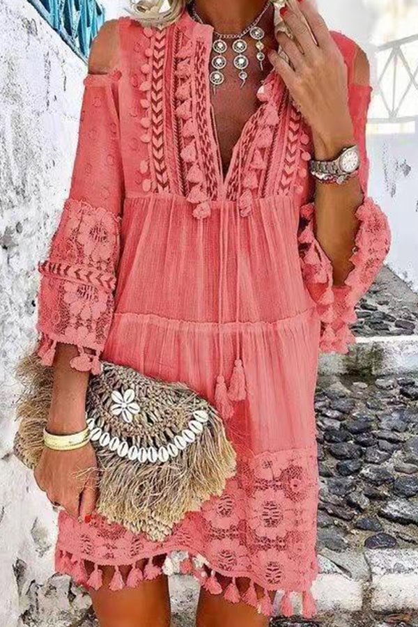 Cutout Shoulder Lace Tasseled Short Dress - Life is Beautiful for You - SheChoic