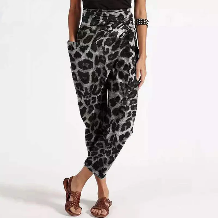Elastic Waist Loose Leopard Print Ladies Belt Irregular Pants Casual Pants socialshop