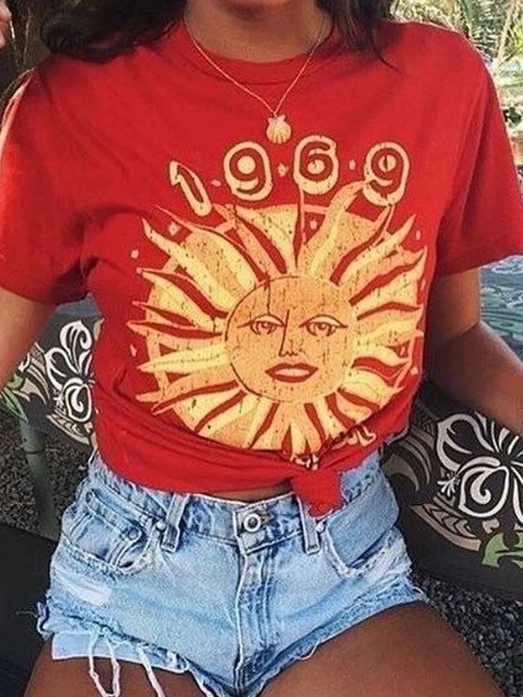 Bestdealfriday 1969 Sun Woman Short Sleeve Vintage Shirts Tops