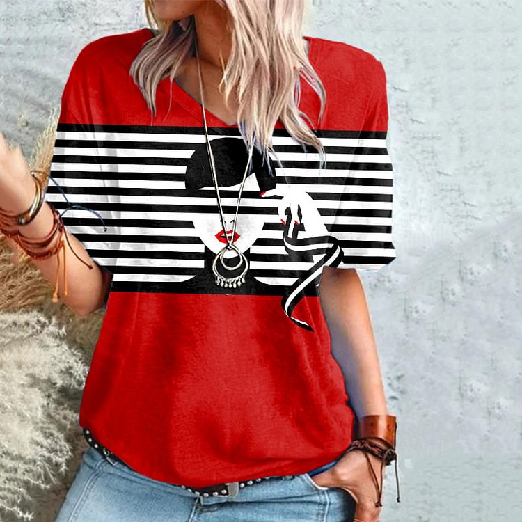Comstylish Colorblock Face Stripe Print Short Sleeve T-Shirt