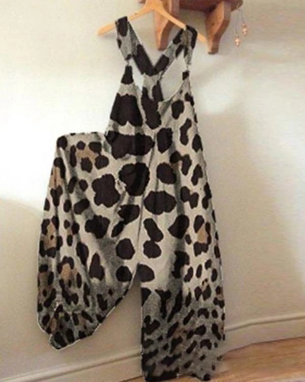 leopard printed casual sleeveless pockets jumpsuit p267638
