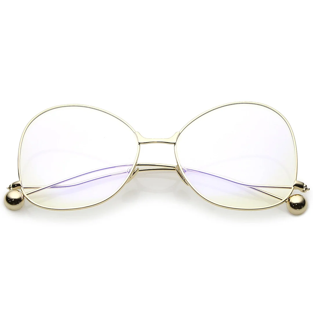 Oversize Butterfly Glasses With Clear Lenses And Thin Metal Arms With Ball Accents