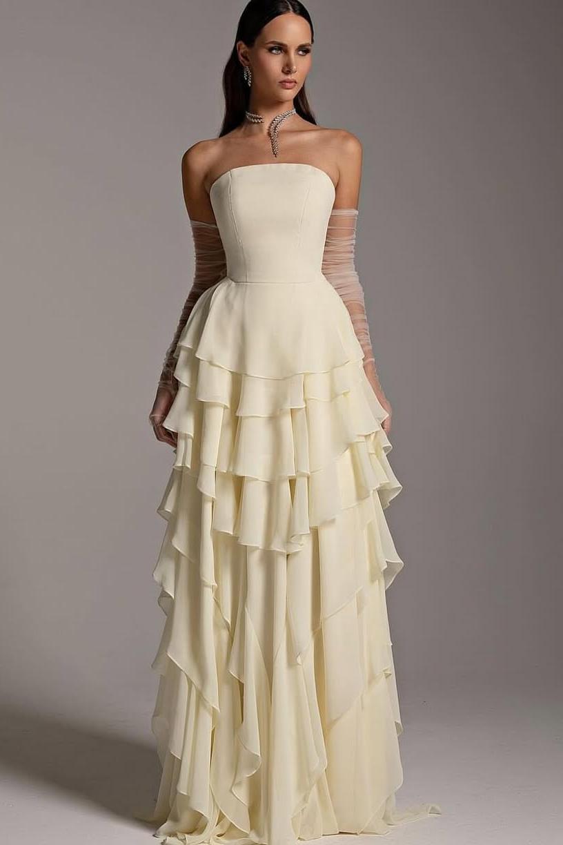 Lussooy Daffodil Satin Strapless Beautiful Long Ruffles Prom Dress with Gloves