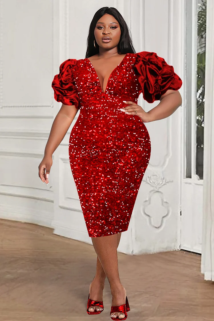 Plus Size Party Dress Red Ruffle Sequin Puff Sleeve V-Neck Midi Dress
