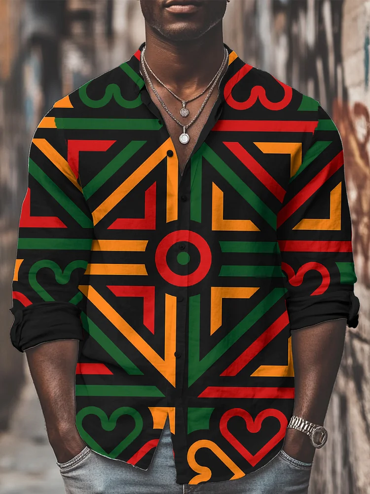 Men's Black History Month Abstract Lines Art Print Long Sleeve Shirt