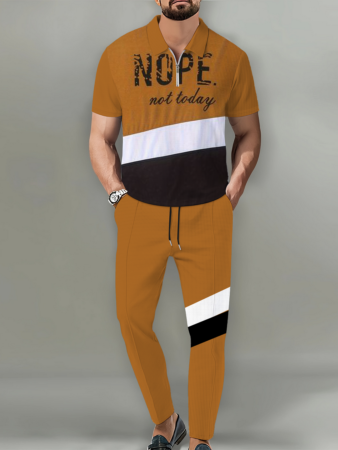 Men's Casual Color Block Letter Polo Shirt and Trousers Two Piece Set 011