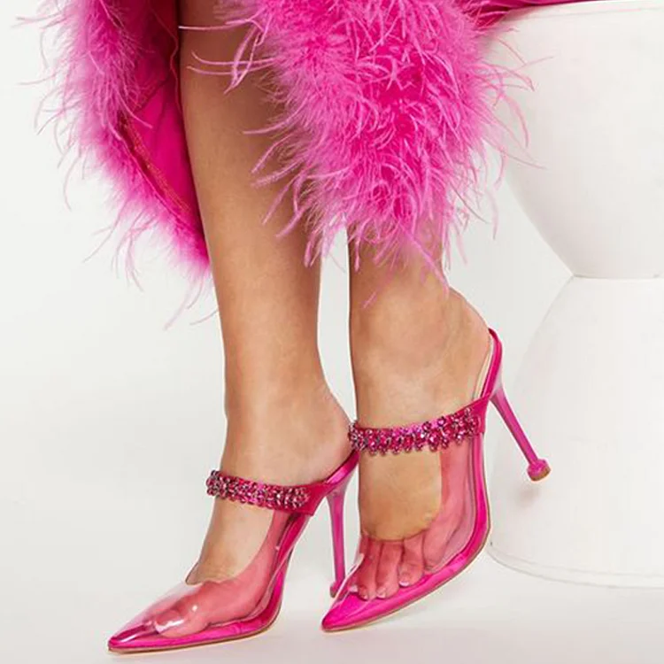 Hot Pink Pointed Toe Rhinestone Mules Sandals Clear Stiletto Heels |FSJ Shoes